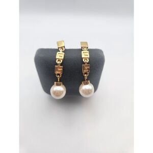 1970-80s Vintage GIVENCHY Gold Tone Metal "G" Logo Pearl Drop Dangle Earrings